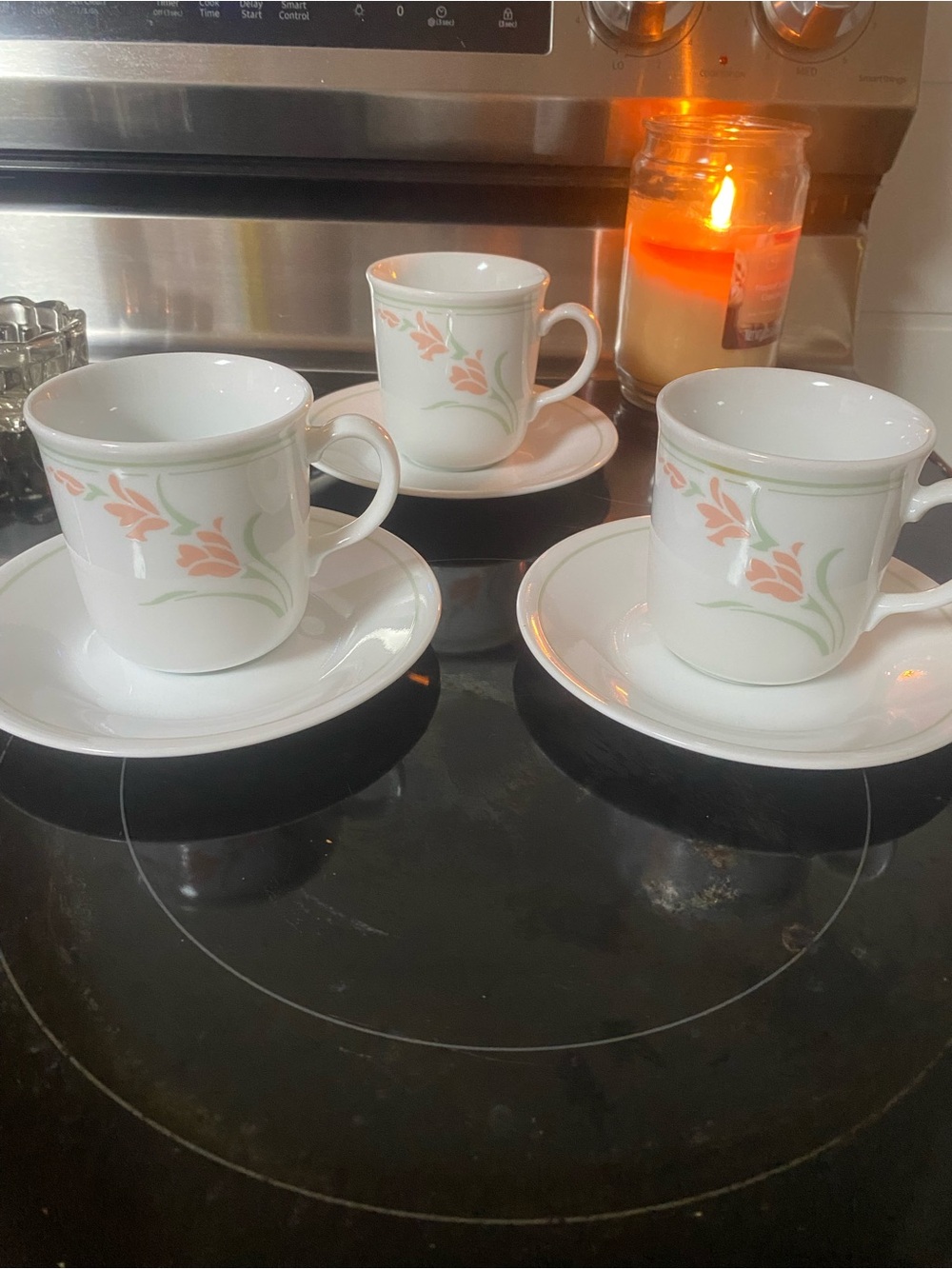 Corelle Peach Garland Mugs and Saucers, Set of 3